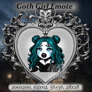 Goth girl twitch emote - Anime Emote, TURQUOISE hair, BLUE eyes, alternative Emote, twitch emote, black dress, chibi emote, crying