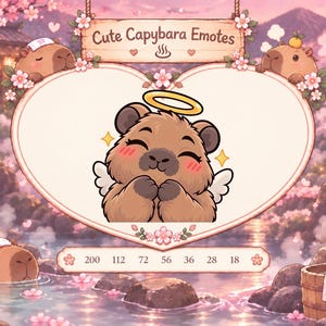 May include: A digital illustration of a brown capybara character with a yellow halo and white wings, centered in a heart-shaped frame. The text "Cute Capybara Emotes" appears at the top, with a row of numbers below the central character.