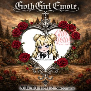 May include: An anime-style illustration of a blonde girl with blue eyes, framed by a heart-shaped ornate silver mirror and red roses. The background features a gothic garden scene with the text "Goth Girl Emote" and "Glitter Petal Boutique".