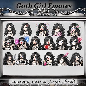 Goth girl twitch emote 15 emotes set (0.5) - Anime Emote, black hair,alt girl, Discord Emote, aesthetic,punk aesthetic,emote starter pack
