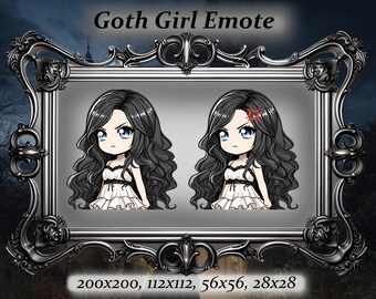 Emote de chica gótica de contracción nerviosa: emote de anime, emote de chica gótica de cabello negro, chica con vestido blanco, emote de contracción nerviosa, emote de Discord, emote de enojo, estética gótica