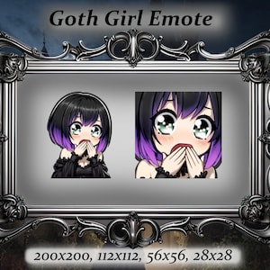 May include: Two digital illustrations of a goth girl with black hair and purple highlights, wearing a black dress with lace. She is covering her mouth with her hands and has a surprised expression on her face.