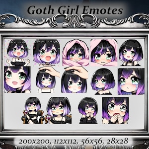 May include: A set of 12 digital emoticons featuring a goth girl with purple hair and black clothing. The emoticons are in various sizes, including 200x200, 112x112, 56x56, and 28x28 pixels.