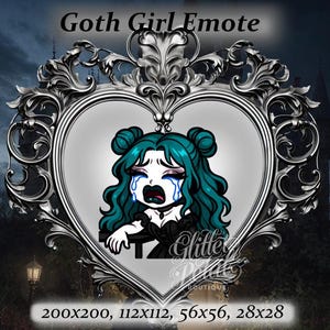 Goth girl twitch emote - Anime Emote, TURQUOISE hair, BLUE eyes, alternative Emote, twitch emote, black dress, chibi emote, screaming crying