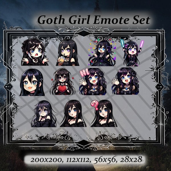 Goth girl twitch emote set 1 - Anime Emote, black hair ,alt girl,Twitch Emote, Discord Emote, goth aesthetic,punk aesthetic, assorted emotes
