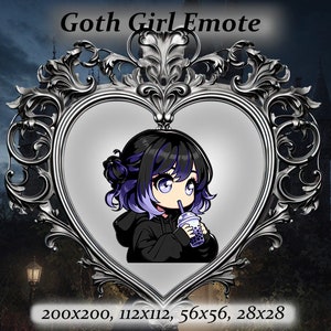 Puede incluir: Una chica gótica de dibujos animados con cabello morado y ropa negra está bebiendo un té de boba morado. La imagen está enmarcada en un marco en forma de corazón con detalles plateados ornamentados.
