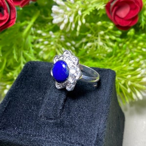 Elegant Handmade Blue Lapis Lazuli Silver Brass Ring - Designer Gemstone Jewelry for Women Round Lapis Lazuli Ring with Silver Brass Details
