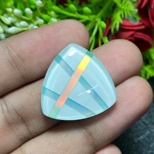 May include: A triangular, light blue gemstone with a crisscross pattern of blue and a central iridescent stripe. The gemstone is held in a hand, with green foliage and red flowers in the background.