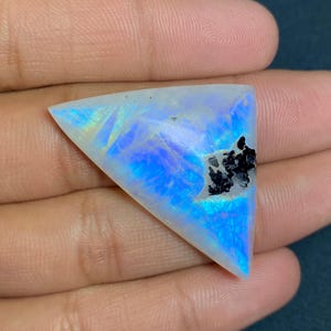 Top Grade Quality Blue Flashy Rainbow Moonstone Cabochon. 27x44x7.50 MM Smooth Polish Gemstone Fancy Shape With Black Tourmaline For Jewelry