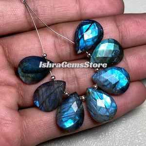 Awesome !!! Blue Flashy Labradorite Briolette Checker Cut Both Side Polish Pear 7 Pcs Beads Gemstone - 13x18 MM. Fabulous Labradorite Beads.