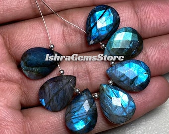 Awesome !!! Blue Flashy Labradorite Briolette Checker Cut Both Side Polish Pear 7 Pcs Beads Gemstone - 13x18 MM. Fabulous Labradorite Beads.