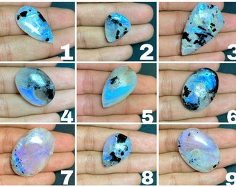 Brilliant White Rainbow Moonstone Cabochon Smooth Polish Loose Gemstone With Black Spotted Wonderful Quality Blue Flashy Moonstone For Her..