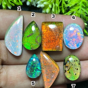 May include: A collection of seven polished opal gemstones in various shapes. The opals display a range of colors, including green, orange, blue, and white, with internal patterns and flashes of iridescence. The gemstones are displayed on a hand.