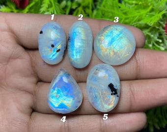 May include: Five polished moonstone gemstones in various shapes: oval, round, and teardrop. The stones display a milky white base with iridescent blue and gold flashes. Some stones have dark inclusions.