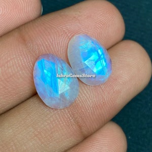 Amazing - Blue Flashy Rainbow Moonstone Faceted One Side Rose Cut 2 Pcs Size - 10x14 MM.  At Reasonable Price Egg Shape Loose Gemstone..