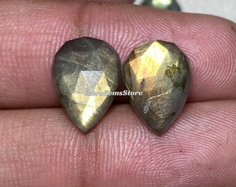 May include: Two pear-shaped labradorite gemstones with a golden sheen. The stones are faceted and have a dark gray color with flashes of iridescent blue and green.