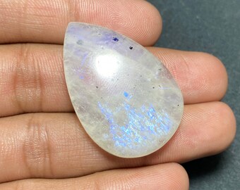 Dazzling - Blue Fire White Rainbow Moonstone Cabochon Wonderful Loose Gemstone. 25.50x38.50x7.50 Mm. Pear Shape Best For Making Jewelry.