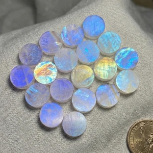Cabujones de piedra lunar arcoíris de color azul fuego: discos redondos de piedras preciosas (5-25 mm)