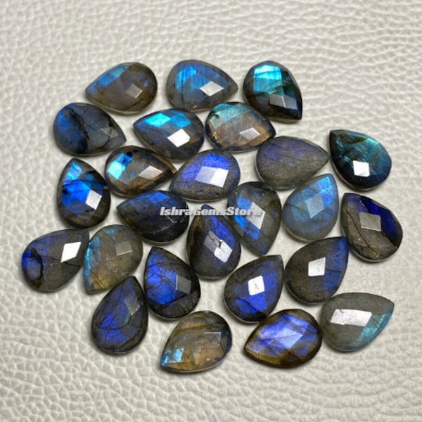 100% Natural Blue Flashy Labradorite Gemstone Both Side Checker Cut Briolette Pear Shape Faceted Stone For Making Jewelry - 6x8 - 20x30 MM