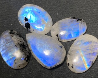 A One Quality ! Full Blue Flash White Rainbow Moonstone Cabochon Hand Polish Loose Gemstone Approx Size Mix Shape 5 Pcs Lot For Jewelry.!!