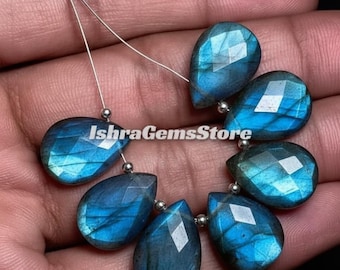 Blue Flash Labradorite Pear Briolette Beads | Checker Cut Gems, Set of 7