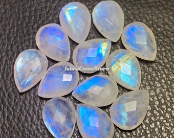 Natural Blue Flashy White Rainbow Moonstone Size - 6x8 - 15x20 MM Briolette Pear Shape Stone Both Side Checker Cut Jewelry Making Gemstone