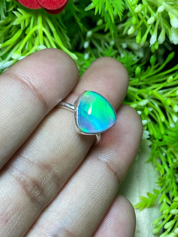 Ethereal Green Aurora Opal Ring Unique Gemstone Jewelry Sterling