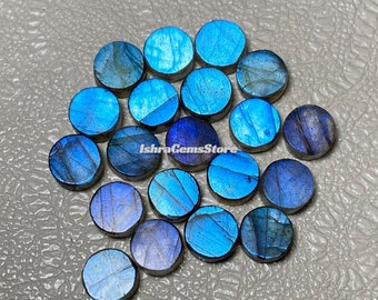 Qualité AAA+++ - Magnifique labradorite bleue flash des deux côtés, plate, lisse, polie, taille des pierres précieuses - 6 mm. Lot de 20 pièces pour la fabrication de bijoux.