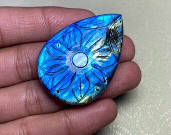 Blue Flash Labradorite Carving Cabochon, Pear Gemstone (33.50x48.50x9MM)