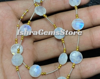 A One Clean !!! 15 Pcs Beads Blue Flashy Rainbow Moonstone Both Side Checker Cut Gemstone Size- 8 - 12 MM. Round Shape At Wholesale Price..