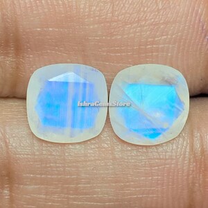 Best Quality - Blue Flash White Rainbow Moonstone Both Side Cut Cushion Shape Smooth Polish Loose Gemstone 2 Pcs Lot Size- 10 MM. For Her.!!