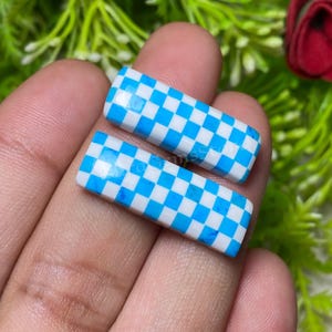 May include: Two rectangular, blue and white checkered decorative stones. The stones are held in a hand, with green foliage and red flowers in the background. The checkered pattern is a repeating grid of blue and white squares.