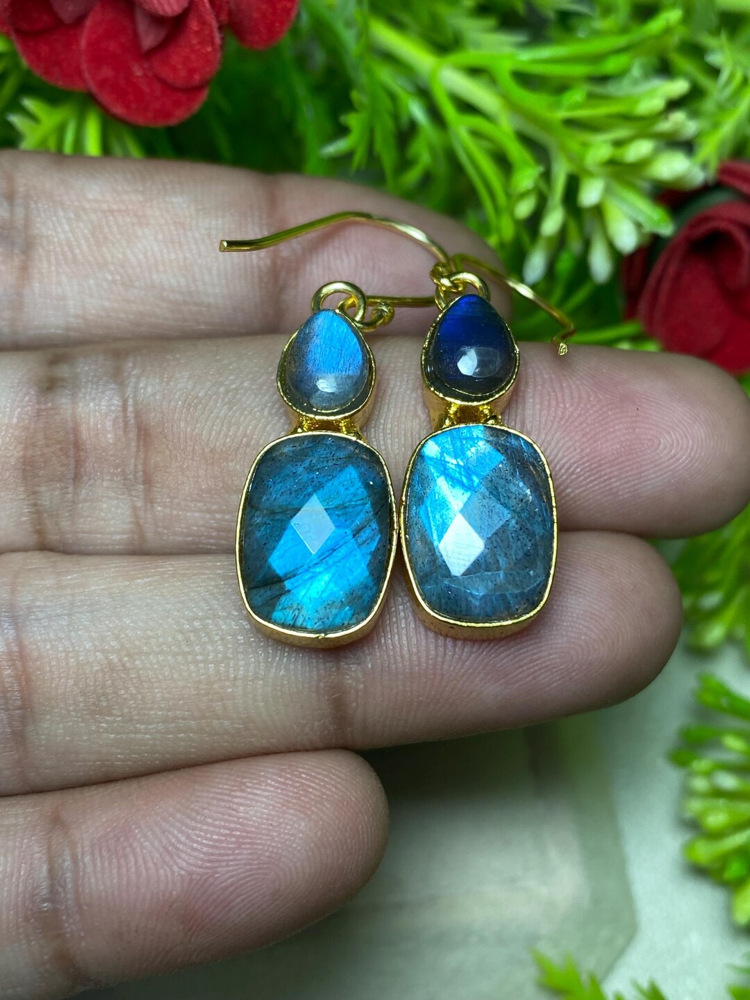 Orecchini Pendenti In Argento 925 Con Labradorite Naturale - Pietra Ovale Iridescente, Fatto A Mano, Anallergici, Lunghezza 4,5 Cm - 4