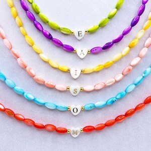 Colorful heart initial necklace , Mother of pearl letter choker