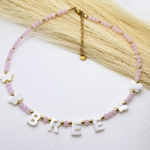 Personalized necklace ,pink kids handmade necklaces, handmade necklace beaded necklace, kids necklace, mother of pearl letter name necklace