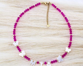 Custom name necklace, mother of pearl letter name necklace, Personalized necklace beaded ,Beaded necklace, Gift For Her