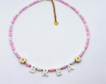 Kids Custom name necklace, mother of Pearl letter name necklace, kids bright beaded necklace, gift idea for toddlers, 4th of July accessory