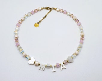 Toddler Custom Name Necklace, Mother of Pearl Letter Name Necklace, toddler girl beaded name necklace,  Kids Birthday Gift, Gift for Toddler
