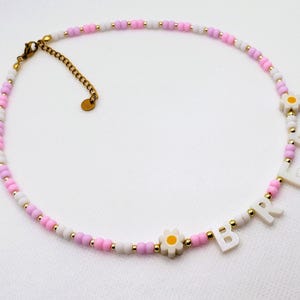 Kids Custom name necklace, mother of Pearl letter name necklace, kids bright beaded necklace, gift idea for toddlers, 4th of July accessory