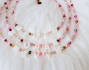 Kids Custom name necklace, mother of Pearl letter name necklace, kids bright beaded necklace, gift idea for toddlers, 4th of July accessory