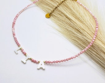 pink Gemstone  Personalized Name necklace with mother of pearl , Custom Name Necklace