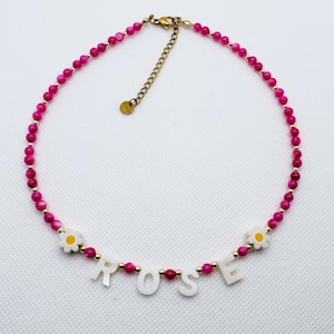 Personalized Necklace, Rose Beaded Custom Name Necklace with Mother of Pearl Letters, Little Girl Necklace, Gift for Girls