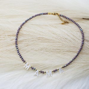 Lilac Bead Name Necklace, custom name necklace, mother of pearl letter name necklace, Beaded necklace, Gift For Her