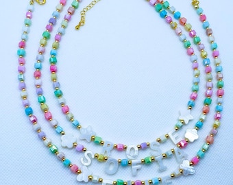 colorful Toddler Custom Name Necklace, Mother of Pearl Letter Name Necklace , Kids Name Necklace ,Kids Birthday Gift for Toddler