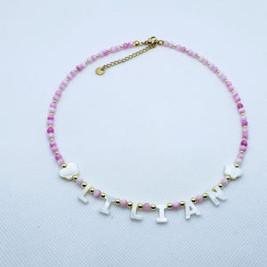 NEW Pink Toddler Custom Name Necklace, Mother of Pearl Letter Name Necklace ,Pink Kids Name Necklace ,Kids Birthday Gift for Toddler