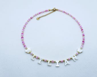 Pink Toddler Custom Name Necklace, Mother of Pearl Letter Name Necklace, Kids Birthday Gift, Gift for Little Girls, Gift for Toddler
