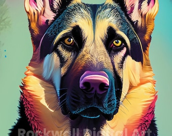 German Shepherd Colorful Painting Digital Download Gift, Wall Art high-quality AI Print