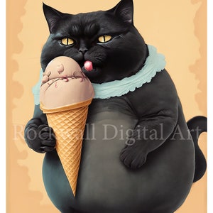 Funny Chubby Ice Cream Cat Lover Digital Download Card, Clip Art, Gift, Wall Art high-quality AI Print