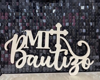 Letrero de madera Mi Bautizo: Fondo para fiestas cortado con CNC 3D