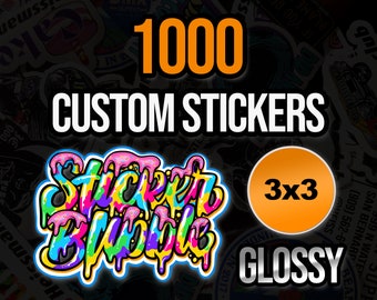 1000 adesivos personalizados de 3x3 polegadas, vinil brilhante colorido e recortado